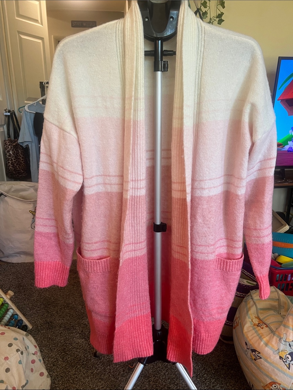 Time and Tru Ombre Pink and Cream Open-Front Cardigan